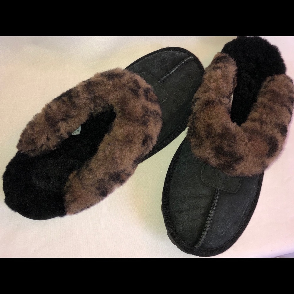 UGG Black Suede Fur Scuffette II Slippers Sz US 8
